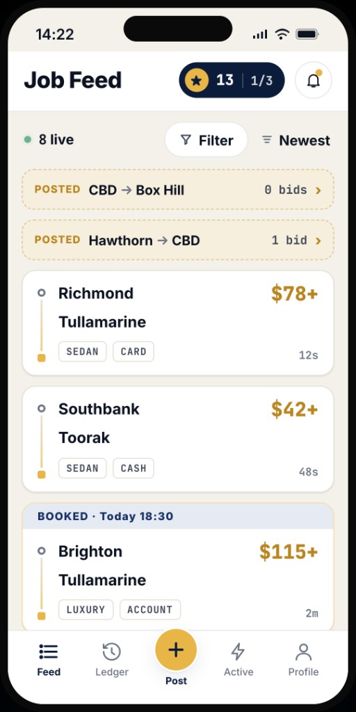 Rundo job feed showing live bookings, posted jobs, and driver navigation